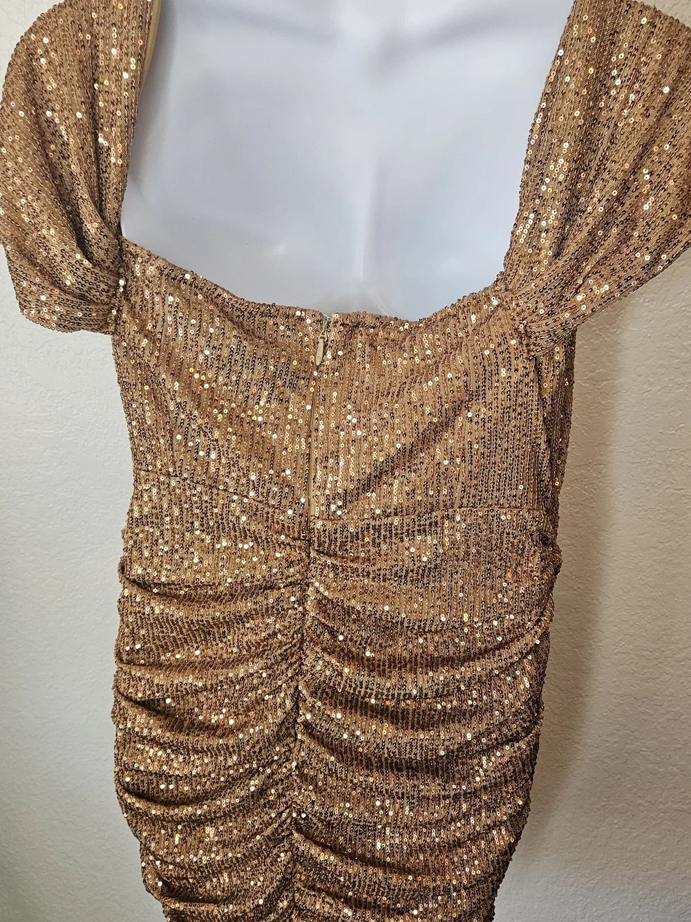 PrettyLittleThing Bronze Sequin Draped Mini Dress - Picture 6 of 6